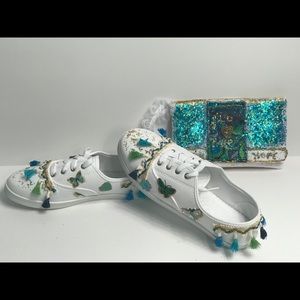 Bedazzled White Sneakers with Tassels & Purse